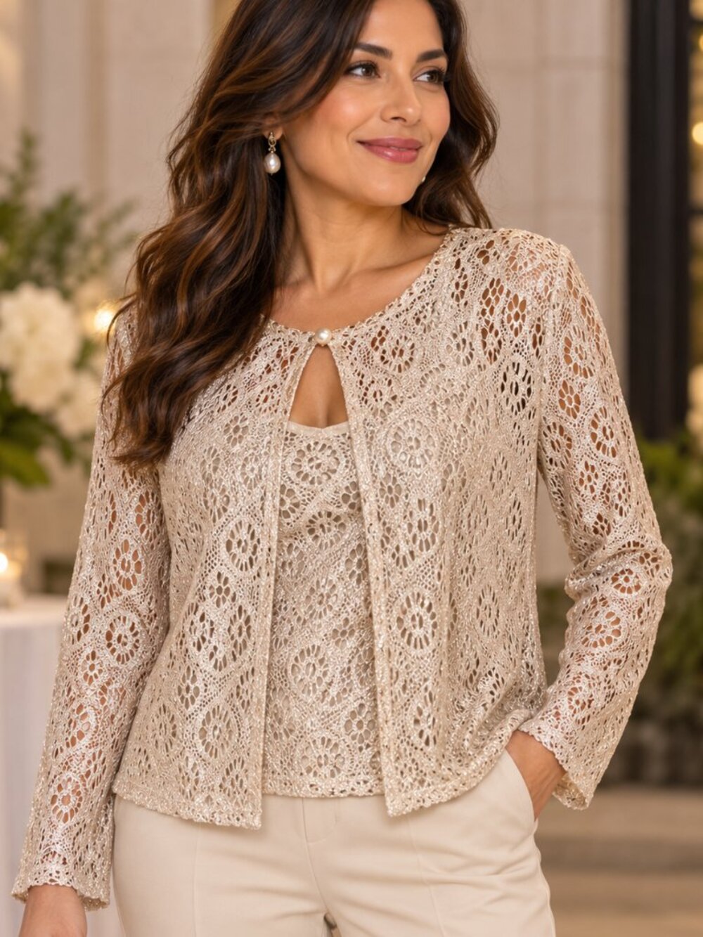 Jeffrey & Dara Champagne Lace 2 Piece Top Set Size 14 NWT